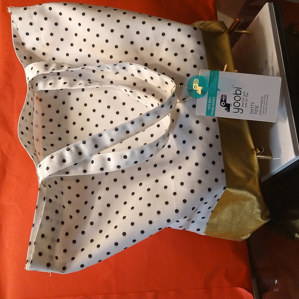 Yoobi Dotty Tote Gold Polka Dot Canvas Tote NWT